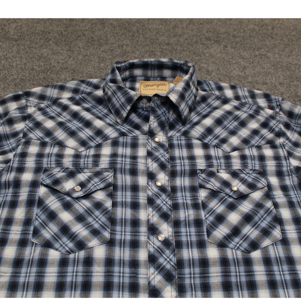 Wrangler Western Shirt Mens XL Blue Plaid Pearl Snap Cowboy Rodeo